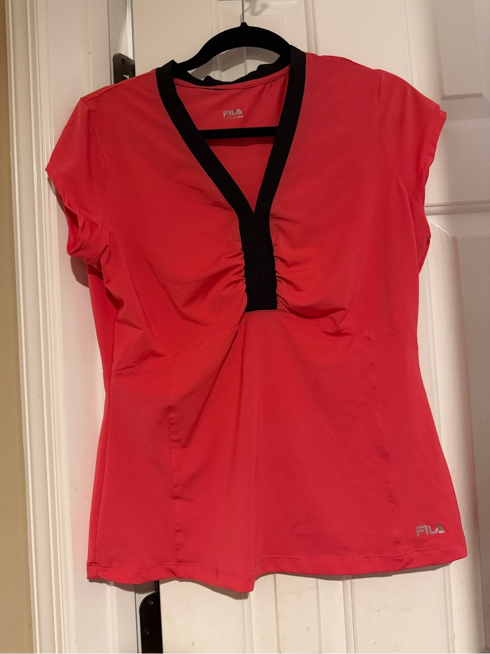 FILA Red Short-Sleeve V-Neck Active Top with Black Trim